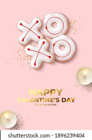 Happy Valentine's Day poster. Holiday background with realistic XO cookies, burning candles and golden confetti. Vector illustration with 3d decorative objects for Valentine's Day.