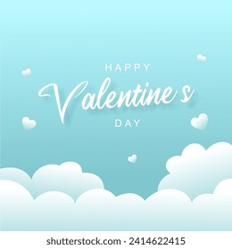 Happy Valentine's Day poster illustration. Blue clouds background with hearts.