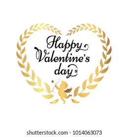 Happy Valentines day poster with inscription in hearts shape frame, cupid with wings and leaves vector illustration isolated on white