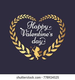 Happy Valentines day poster with inscription in hearts shape frame, cupid with wings and leaves vector illustration isolated on black