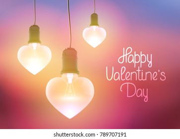 Happy Valentines Day poster with inscription and realistic hanging illuminated electric bulbs in heart shapes vector illustration