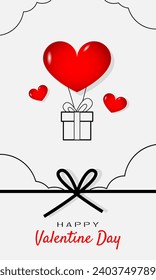Happy Valentine's Day poster with a love shaped balloon carrying a gift box in outline style
