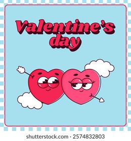 Happy Valentines day poster with lovely heart characters with face, cupids arrow and clouds. Trendy retro groovy style. Vector illustration