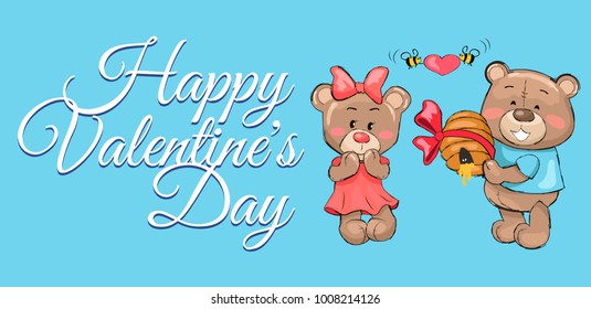 Happy Valentines day poster male teddy bear in t-shirt holding hive full of honey and smile, bees flying with red heart, present for girlfriend vector