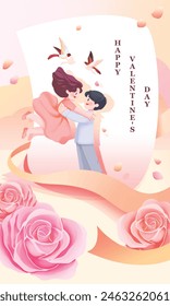 Happy Valentine's Day poster with a man hugging a woman and surrounded by roses