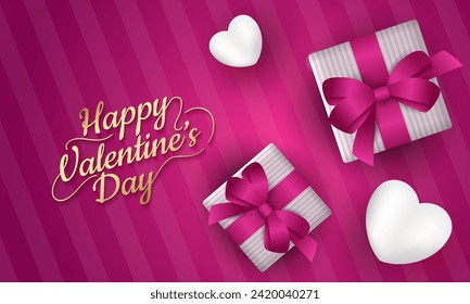 Happy valentine's day poster with many sweet hearts and gifts. Love background and typography tex