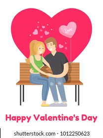 Happy Valentines Day poster with merry couple on bench tenderly holding hands, balloon symbol of love, near them vector isolated on pink heart