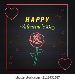 Happy Valentine's Day poster with neon effect with a rose and heart