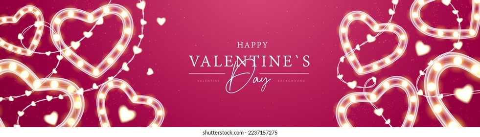 Happy Valentines Day  poster with neon string of lights with love hearts. Valentine interior design. Vector illustration