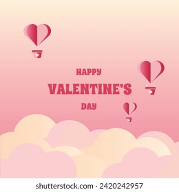 Happy Valentine's day poster with paper cloud and heart-shaped balloon. Paper hearts pink background.