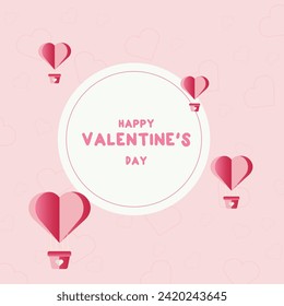 Happy Valentine's day poster with paper hearts. Paper hearts red colors pink background.