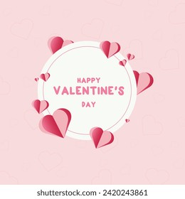 Happy Valentine's day poster with paper hearts. Paper hearts red colors pink background.