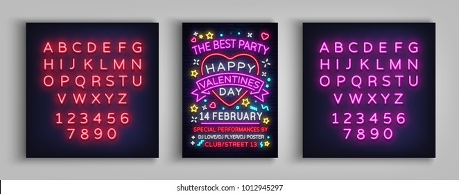 Happy Valentine's Day poster party. Neon design template typography, neon sign, bright banner, nightlife nightclub advertising, card, flyer. Vector illustration. Editing text neon sign