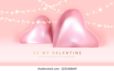 Happy Valentines Day poster with pink hearts and electric lamps. Vector illustration