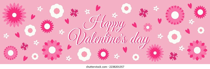 Happy Valentine's day poster. Pink and white flowers and red hearts.Graphic design. Vector illustration.