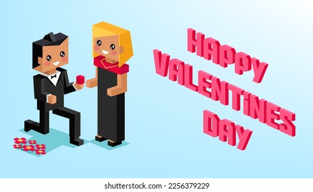 Afiche del Feliz Día de San Valentín con estilo de arte en píxeles. Mensaje de amor. Corazones rosados y pareja pixelada enamorada. Propuesta de matrimonio en el día de San Valentín. Honestidad, relación romántica. Tarjeta de felicitación