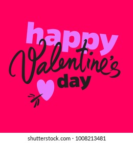 Happy Valentine's Day poster in Pop Art comic style. Handwritten lettering. Black calligraphic text with heart pierced by arrow isolated bright red background. Holidays typography vector illustration.