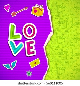 Happy Valentines day poster with purple striped ragged paper romantic elements and green icons background vector illustration