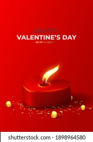 Happy Valentine's Day poster. Realistic red burning candle, gold cherries and confetti on red background. Vector illustration with 3d decorative objects for Valentine's Day.