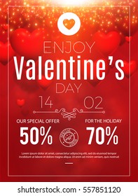 Happy Valentine's Day Poster. Realistic Heart on Blur Background. Wedding Invitation, Sale, Party, Menu, Special Offer Design Template. Vector illustration.