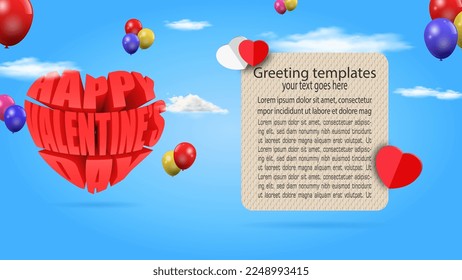 happy valentines day poster. red typography text with greeting card template. 3d vector illustration.