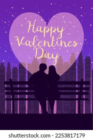 Happy Valentines Day poster, retro. Silhouette loving couple on the bench at night