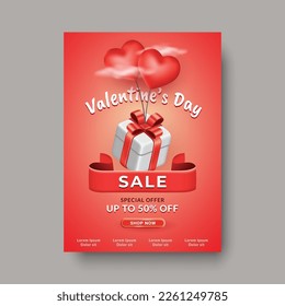 Happy Valentine's Day poster romantic sale offer concept, Beautiful backdrop with red hearts balloon and gift box ornament