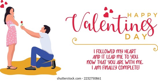 happy valentines day poster with rose and flat character illustration guy proposing to girl with knee bent love couple with hearts and love quote