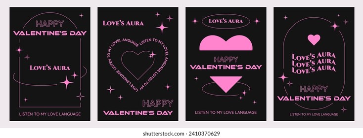 Afiche del Feliz Día de San Valentín ambientado en estética de moda y2k, cubiertas, banners verticales, volantes con marcos finos rosados, ilustración vectorial.