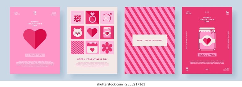 Happy Valentine's Day poster set with holiday simple icons, hearts, flower, in modern geometric style. Trendy design for greeting card, banner, cover, wallpaper.