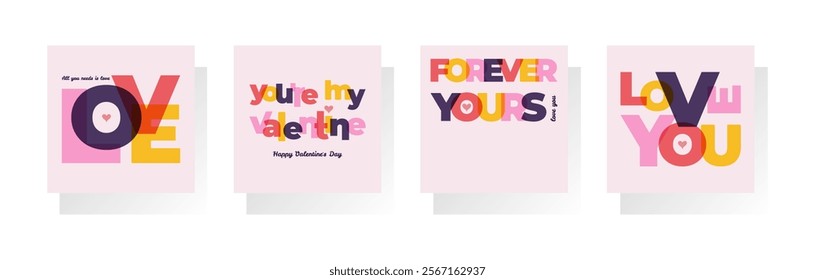 Happy Valentines Day poster set with heart and contemporary typography. Modern simple abstract template. Flat design of advertising templates, banner, cover, label, flyer, card