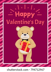 Happy Valentines Day poster teddy toy with black tie holds present box in paws vector illustration greeting card design with cartoon bear character