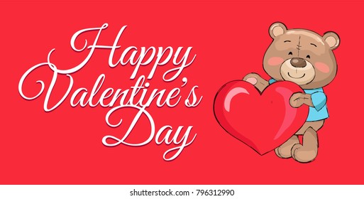 Happy Valentines day poster teddy with big heart symbol of love, cute male bear with heart-shape pillow or balloon, vector banner on red background