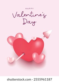 Happy Valentine's Day poster template, Greeting Card with arrow-handled heart and small pink hearts. Valentine's Day vector for sale banner, promotion, voucher, coupon, sale, discount, social media 