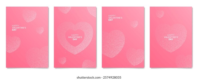 Happy Valentine's day poster template. Minimalistic cards, hearts of dots, pink background. Dotwork heart posters. Vector illustration