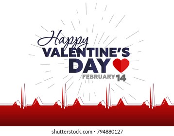 Happy Valentine's Day Poster. Text, salute, and cardiogram. Vector illustration