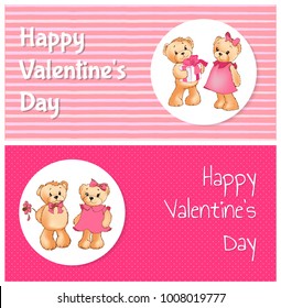 Happy Valentines day poster with two bears male teddy going to present gift box to female soft toy, or to give her flower vector greeting cards design