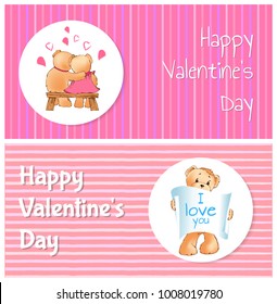 Happy Valentines day poster with two bears hugging on bench back view, teddy with paper scroll I love you message, vector illustration greeting cards