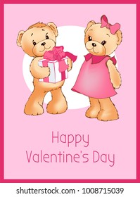 Happy Valentines day poster with two bears male teddy going to present gift box decorated by holiday bow to female soft toy, vector greeting card design