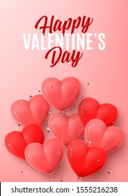 Happy Valentine's Day poster. Vector illustration with realistic flying air balloons and falling down confetti on pink background.