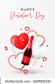 Happy Valentine's Day poster. Vector illustration with champagne bottle, glasses, gift box, air balloons and red hearts on white background. Holiday gift card.