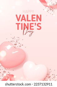 Happy Valentine's Day poster.  Vector illustration with pink hearts and ribbons, ared confetti. Holiday decoration design with 3d elements for Valentine's Day. Holiday banner.