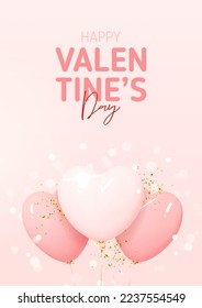 Happy Valentine's Day poster. Vector illustration with pink balloons on golden ribbons, confetti and sparkles. Holiday decoration design with 3d elements for Valentine's Day. Holiday banner.