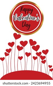 Happy valentine's day poster vector. White background, red hearts, half oval shape at bottom, black calligraphy on golden color circle.