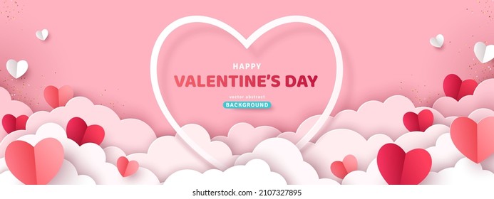 Happy Valentine's day poster or voucher. Beautiful paper cut white clouds with white heart frame on pink background. Vector illustration. Papercut style. Place for text