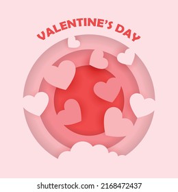 Happy Valentine's day poster or voucher. Beautiful paper cut white clouds with white heart frame on pink background. Vector illustration. Papercut style. Place for text