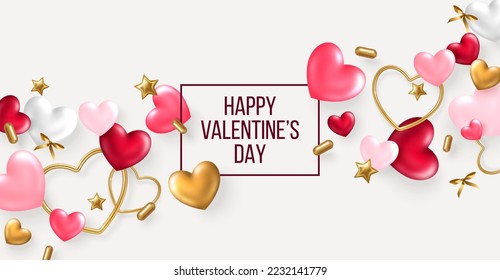 Happy Valentine's day poster voucher, 3d rose pink heart, golden metal shape, star and bows, frame on white background. Vector illustration. Place for text. Gift card, love party, Valentin sale flyer