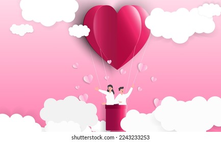 Happy Valentine's Day poster or voucher. Beautiful paper cut white clouds, heart shaped balloons on pink background. vector illustration paper cutting style place for text