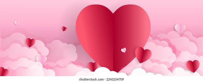 Happy Valentine's Day poster or voucher. Beautiful paper cut white clouds, heart shaped on pink background. vector illustration paper cutting style place for text