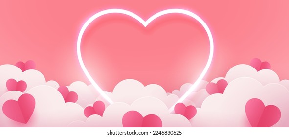 Happy Valentine's day poster or voucher. Beautiful paper cut white clouds with white glowing neon heart frame on pink background. Vector illustration. Papercut style. Place for text